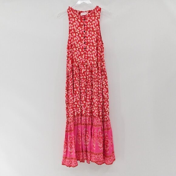 PRETTY LITTLE SISTER Dress Womens Size M Red Floral Cotton Ruffle Maxi Tank Boho - Picture 2 of 12